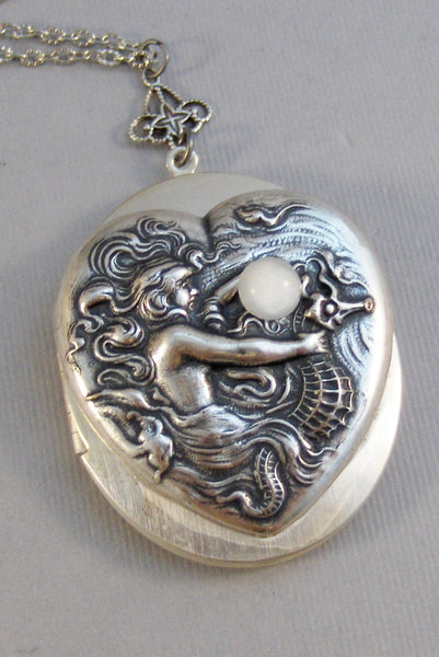 Mermaid's Moon,Locket,Mermaid,Mermaid Locket,Antique Locket,Silver Locket,Goddess,Ocean Locket,Moonstone,Moonstone Necklace,Seahorse