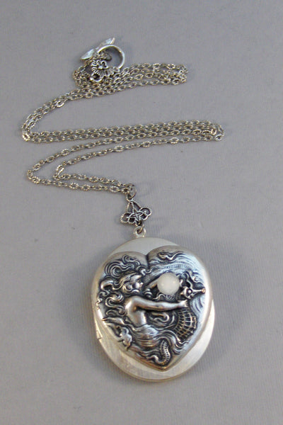 Mermaid's Moon,Locket,Mermaid,Mermaid Locket,Antique Locket,Silver Locket,Goddess,Ocean Locket,Moonstone,Moonstone Necklace,Seahorse