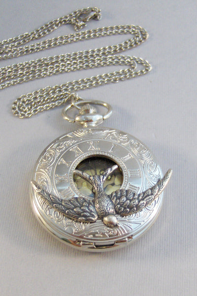 Sparrows,Watch,Pocket Watch,Bird Necklace,Bird,Sparrow Necklace,Silver Necklace,Watch Necklace,Watch,Time,Steampunk,Steampunk Jewelry,