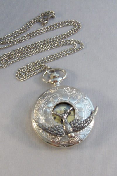 Sparrows,Watch,Pocket Watch,Bird Necklace,Bird,Sparrow Necklace,Silver Necklace,Watch Necklace,Watch,Time,Steampunk,Steampunk Jewelry,