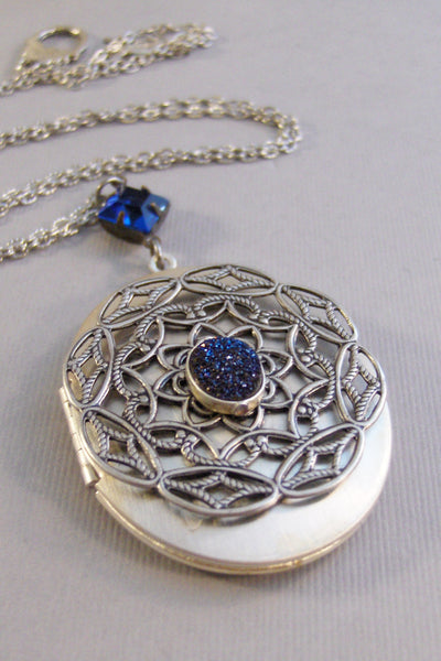 Sapphire Spirit,Locket,Silver,Blue,Blue Locket,Druzy,Sapphire,Sapphire Locket,Galaxy Necklace,Mandala,Flower,Sapphire Birthstone,September
