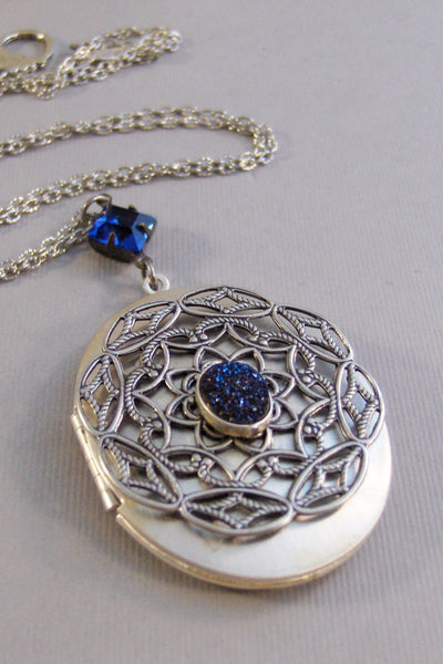 Sapphire Spirit,Locket,Silver,Blue,Blue Locket,Druzy,Sapphire,Sapphire Locket,Galaxy Necklace,Mandala,Flower,Sapphire Birthstone,September