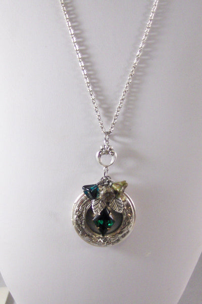 Holiday Ivy,Green Necklace,Green Locket,Flower,Silver Locket,Victorian,Antique Locket,Leaf,Branch,Tree,Green,Emerald,Stone,valleygirldesigns