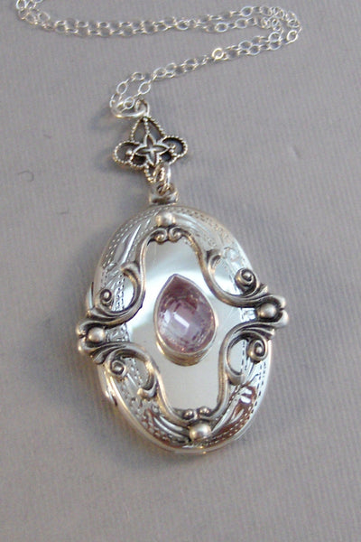 Pink Amethyst,Purple Locket,Antique Locket,Sterling Locket,Pink Locket,Pink Amethyst Necklace,Sterling Silver,Gemstone Necklace,Genuine