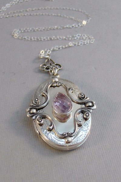 SALE Pink Amethyst,Purple Locket,Antique Locket,Sterling Locket,Pink Locket,Pink Amethyst Necklace,Sterling Silver,Gemstone Necklace,Genuine