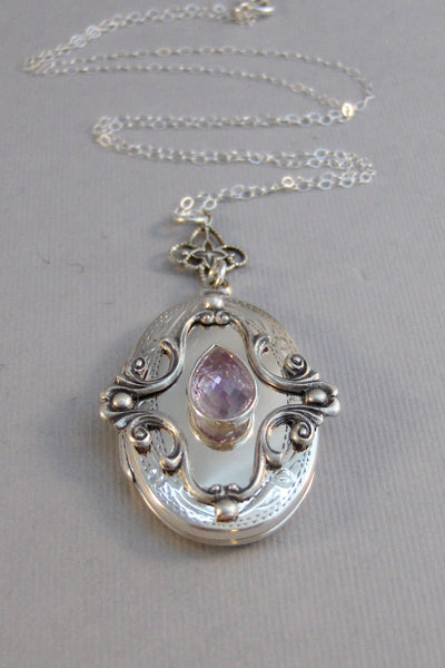 SALE Pink Amethyst,Purple Locket,Antique Locket,Sterling Locket,Pink Locket,Pink Amethyst Necklace,Sterling Silver,Gemstone Necklace,Genuine