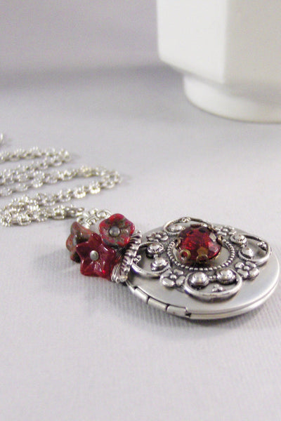 Scarlet Blossom,Red Locket,Red Necklace,Christmas Locket,Christmas Necklace,Flower,Red,Ruby,Garnet,Antique Locket,Floral, valleygirldesigns.